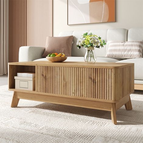 Table Basse Relevable Design Ondulé - 95x48x50 cm - Table de Salon avec Rangement Caché et Compartiment Ouvert - Naturel (1/5)