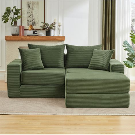 Sofá modular convertible 259,5x96x80 cm, terciopelo acanalado, espuma + muelles, verde, OKWISH (1/5)