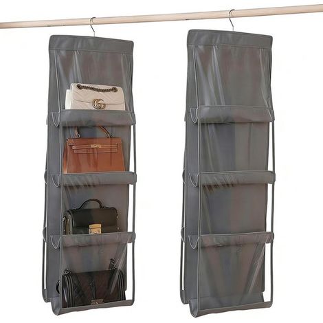 Sacchetti portaoggetti da appendere - Set da 2 - Pieghevoli - Adatti per borse a tracolla - 8 scomparti in plastica trasparente - Grigio (1/5)