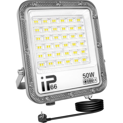 Projecteur d'extérieur 50W,Sécurité projecteur 5000 lumens avec prise 230V, lampe de travail extérieure, 6000K éclairage extérieur blanc pour cour patio parking jardin,étanchéité IP66 (1/5)