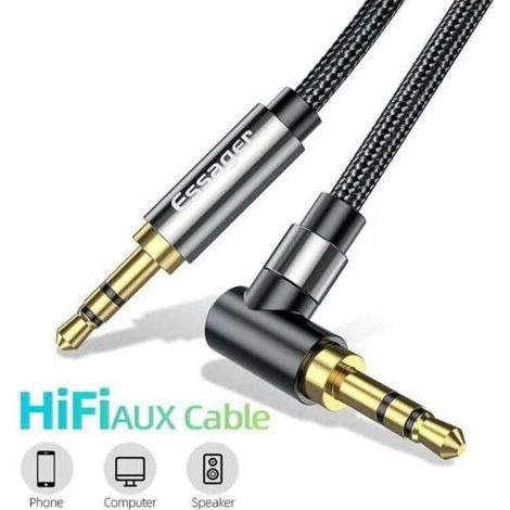 Cavo audio stereo, da jack a jack, da spina da 3,5 mm a presa da 3,5 mm, angolo di 90°, cavo AUX in nylon intrecciato per autoradio, altoparlanti, tablet, lettori MP3, 1,5 m (1/5)