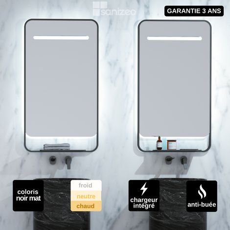 Miroir Salle de Bains Lumineux CONCEPT Anti-Buée et Éclairage Périmétral Triled Chargeur Induction Noir Mat 100x90cm by SANIZÉO (1/5)