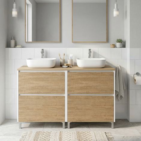 Meuble double vasque à poser L. 120 cm sur pied Blanc laqué 4 tiroirs Chêne naturel LISBONA - sans colonne (1/5)