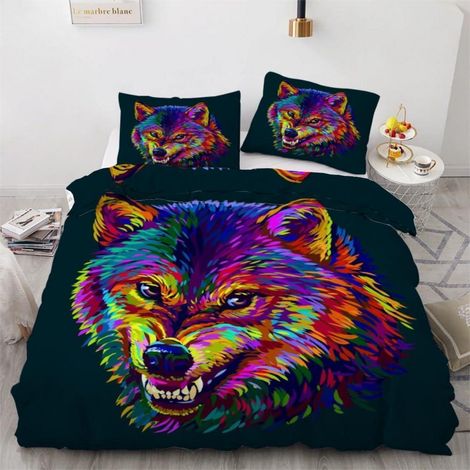 Bettwäsche-Set 220x240 cm mit 2 Kissenbezügen 80x80 cm, 3D Wolf Graffiti, Mikrofaser, Reißverschluss
