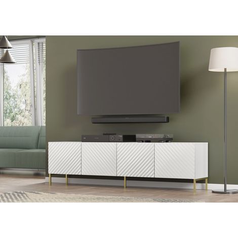 Mueble de TV SURF 200 cm 4D fresado lacado blanco brillo + patas doradas