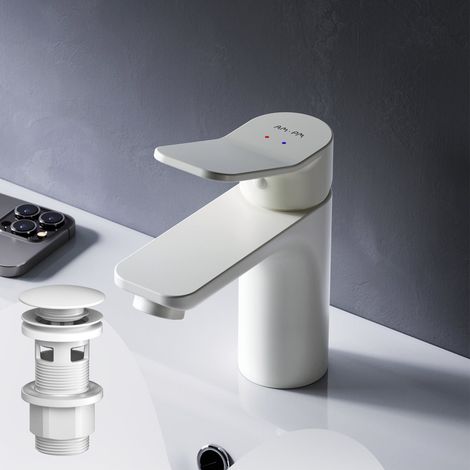 AM.PM Waschtischarmatur Weiss Wasserhahn mit Klick-Ablaufgarnitur Waschbecken Waschbeckenarmatur Spültisch Armatur