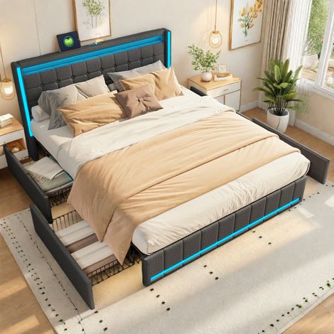 Lit coffre 140x200 avec éclairage led et charge usb, lit double avec 4 tiroirs, lit 2 personnes rembourré pour adultes et adolescents, lin gris (1/5)