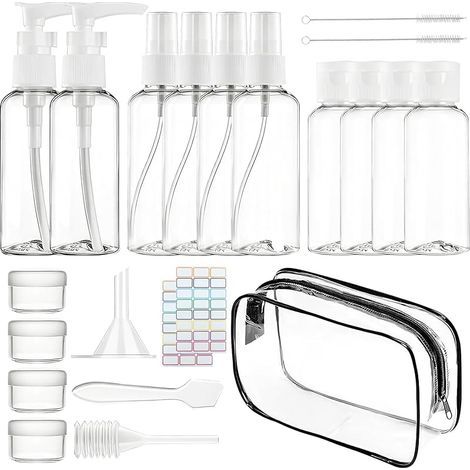 Lot de 14 bouteilles de voyage vides à remplir - 50 ml - Format voyage - Avec sac pour liquides de bagage à main - Petit entonnoir, pinceau, boîte de conservation 20 g - Avec 1 autocollant (1/5)