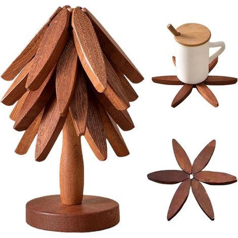 Juego de posavasos con forma de árbol, posavasos de madera resistentes al calor, 4 posavasos + 1 soporte, posavasos de madera plegables, teteras (1/5)