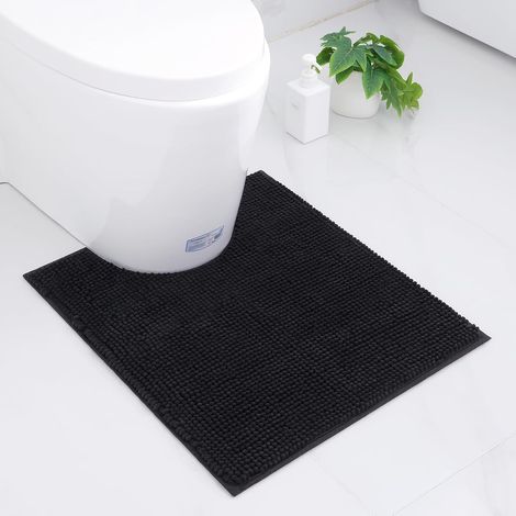 Chenille Tapis de salle de bain antidérapant Doux avec découpe pour toilettes 50 x 60 cm, Tapis de bain absorbant pour WC, Tapis de bain lavable pour WC, Noir (1/5)