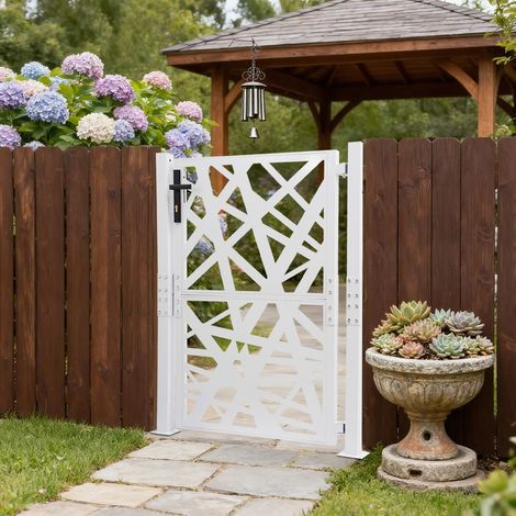 Portail de jardin en métal Porte de jardin en acier, verrouillable Portail de la cour Porte d'entrée pour jardin, terrasse et allée avec motif perforé géométrique, 125 cm de haut (Blanc) (1/5)