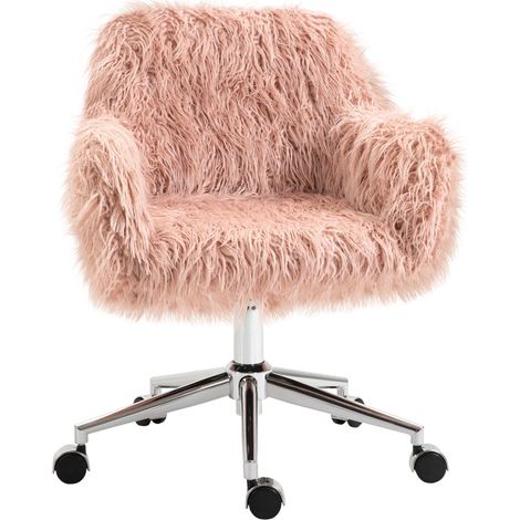 Chaise de Bureau Ergonomique - Revêtement en Fausse Fourrure Douce - Rose et Argent - Design Féminin (1/5)