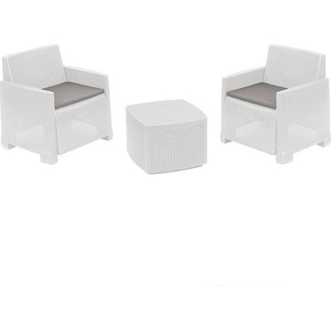 TrAdE Shop Traesio - Set Salotto Esterno Con 2 Poltrone Tavolino Contenitore Effetto Rattan Cuscini Giardino - Bianco