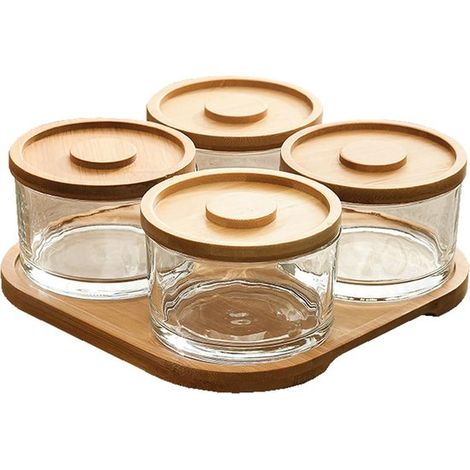 Set aus Bambuschips und Dipsauce Schale für Snacks Süßigkeiten Obst und Nüsse mit kleinen Glasschälchen mit Deckel zum Dippen geeignet für Saucen 4 (1/5)