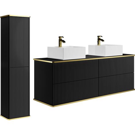 Mobile bagno sospeso scanalato con doppio lavabo da appoggio quadrato e colonna Nero 120 cm - KELIZA