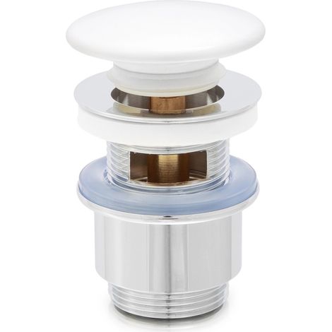 Bonde universelle à clapet pour lavabo et bidet avec trop plein en laiton chromé et cache en céramique blanche Frera (1/4)