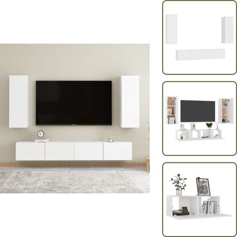 4-tlg. TV-Schrank-Set Weiß Holzwerkstoff - TV Schrank - Regal - Wohnwand - Wandregal - Weißes Möbelstück (1/5)
