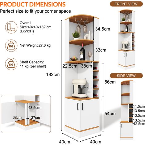 Mueble bar esquinero 40x40x182 cm MDF blanco con colgador para copas - MEUBLIV (1/5)