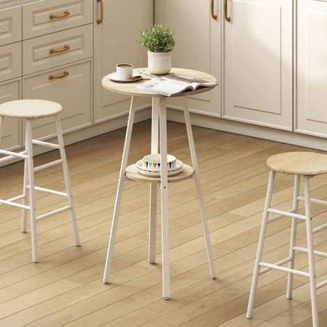 Table Haute de Cuisine Ronde avec Étagère de Rangement Moderne pour 2 Personnes 55x55x95 cm Bois Naturel et Blanc