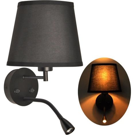 Barcelona Led – Applique murale chambre E27 avec liseuse LED 3W – Abat-jour tissu noir – Base métallique – Lumière blanche chaude 3000K (1/4)