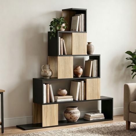 Étagère de rangement. bibliothèque géométrique à 5 niveaux. pour bureau. salon. chambre. noir et bois naturel (1/5)