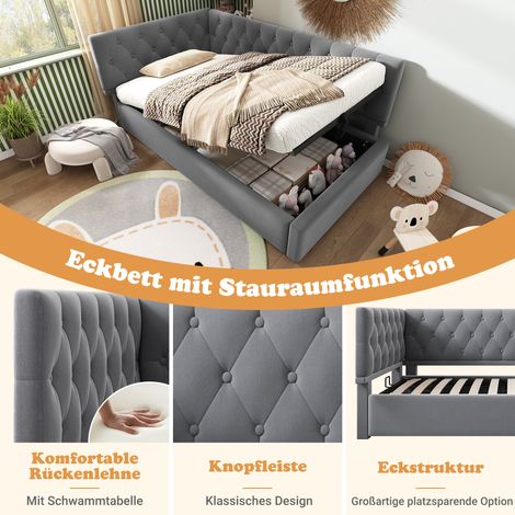 Lit de repos capitonné 90x190cm, canapé convertible avec coffre de rangement hydraulique, couchage pour enfant/ado, structure en bois avec sommier à lattes, tissu velours, teinte grise, livré sans mat (1/5)