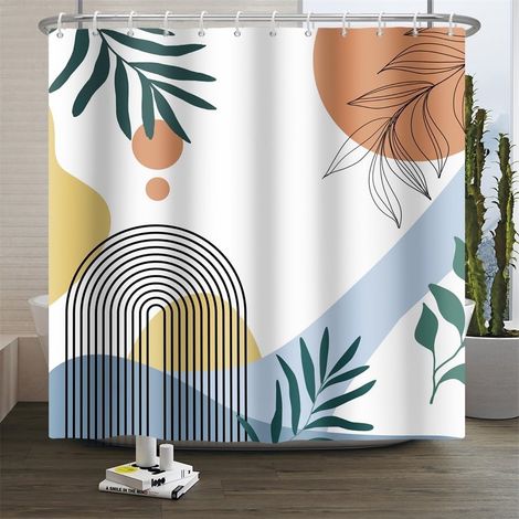 Rideau de Douche bohème Abstrait Couleur Neutre Feuilles Vertes Lignes Noires en Arc Soleil Blanc Rideau de Salle de Bain Esthétique Minimaliste Géométrique Décoration intérieure 150x200cm (1/5)