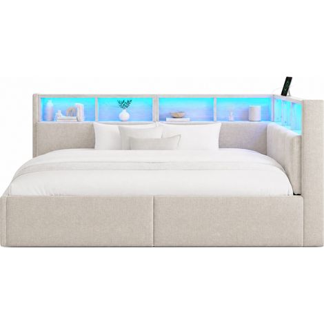 letto da giorno 90 x 200 cm beige in lino con contenitore idraulico e LED - CHICFURN (1/5)