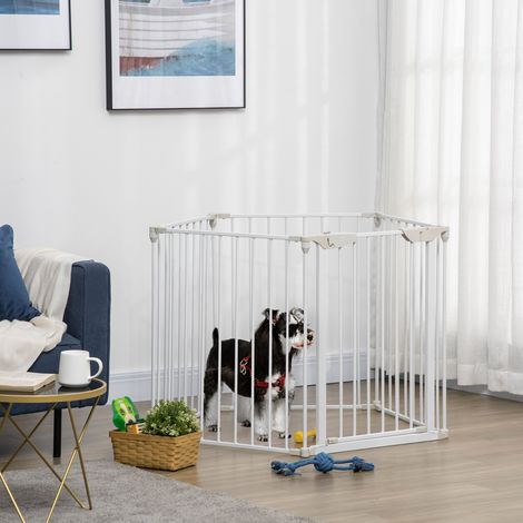 Portail chien réglable Blanc pliable fermeture verrouillage automatiques 300x74,5 cm