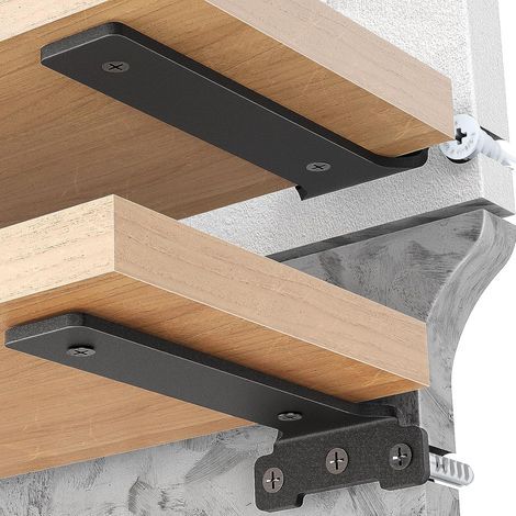 Lot de 2 - Support étagère - Console murale - Fixation invisible pour planche flottante &43 Charge lourde 70 kg - Intérieur mural - Noir - 10x10cm (1/5)