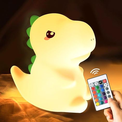 Veilleuse Enfant 16 Couleurs, Luminosité Réglable, Dinosaure Avec Télécommande, Lampe Silicone Rechargeable pour Bébé et Garçon (1/5)
