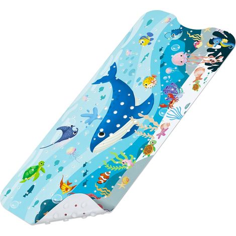 Tapis de Bain Antiderapant Baignoire Bebe 100x40 cm, Extra Tapis Salle de Bain Antidérapant pour Enfants et Bébé avec 200 Ventouse Matériel de PVC, sans BPA et Lavable en Machine - Baleine (1/5)