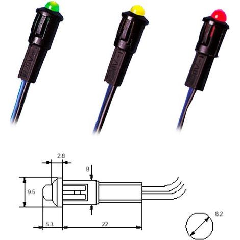 Voyant LED 5mm vert 220Vac – Câblé pour montage 8,2mm – Longueur câble 200mm – Durée de vie 150.000 heures