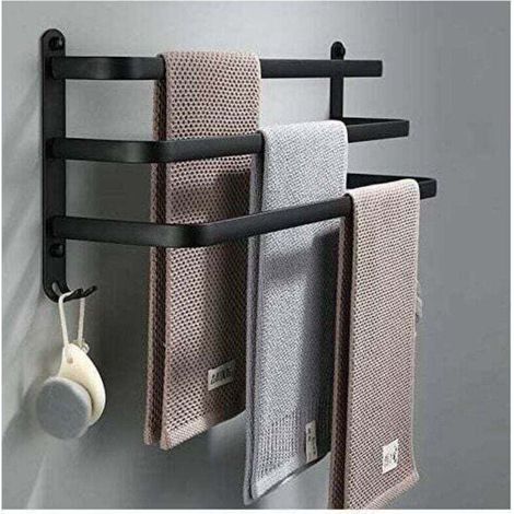 Toallero negro para baño - Barras adhesivas para toallas de pared - Impermeable con gancho (50 cm, tres barras) (1/4)