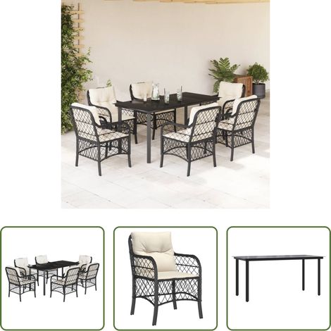 vidaXL Gartenessgruppe -  7-tlg. Garten-Essgruppe mit Kissen Schwarz Poly Rattan (1/5)