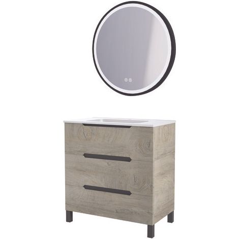 ONDEE ZEN - Meuble salle de bain à poser ALASKA -80cm - Bois - 3 Tiroirs - Miroir ALEXINE (1/3)