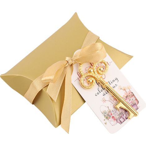 Lot de 5 décapsuleurs porte-clés avec étiquettes de protection et ruban en soie, décoration dorée pour mariage et fête. (1/5)