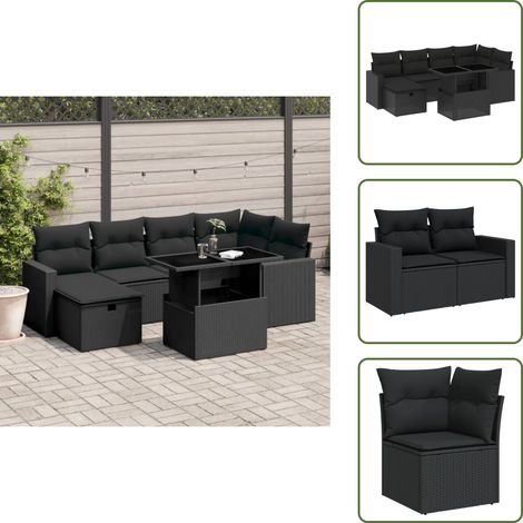 The Living Store Salon de jardin 7 pcs avec coussins noir résine tressée - Ensemble Salon De Jardin - Mobilier De Jardin - Table Extensible - Chaise Lounge - Fauteuil Extérieur (1/5)