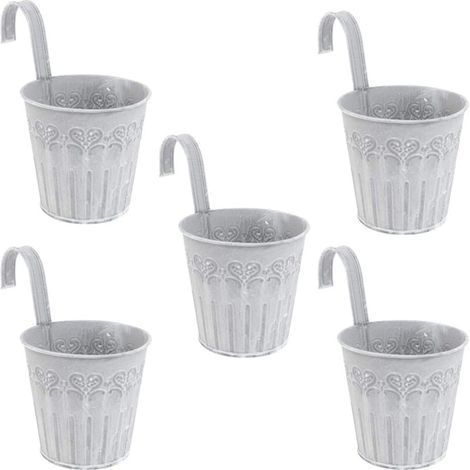 5 unidades de maceta de metal colgante, soporte para plantas colgantes de hierro, cubo metálico con ganchos para balcón, valla y decoración de jardín (1/4)