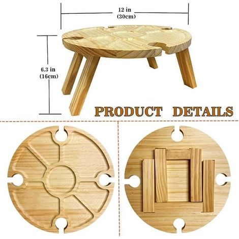 Portable Outdoor Wine Table, Mini Camping Table, Picnic Table, Round Wood, Portable, Outdoor, Foldable, Small Beach Table for Garden, Travel (30 x 16 cm) (1/4)