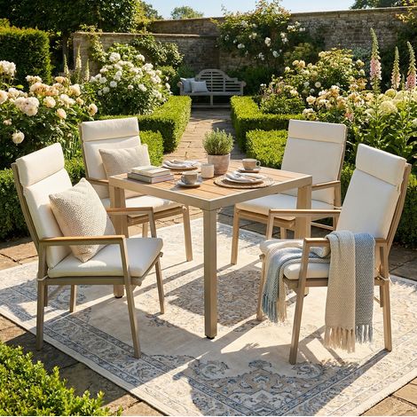 Ensemble repas extérieur 4 places beige en acier galvanisé et bois composite, design moderne (1/5)
