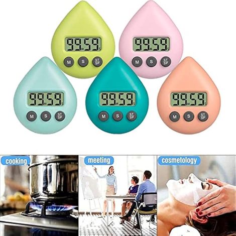 Minuteur de cuisine numérique étanche, 5 couleurs, en forme de goutte d'eau, avec ventouse, pour cuisine, douche, salle de bain, salle de classe, salle de sport (1/3)