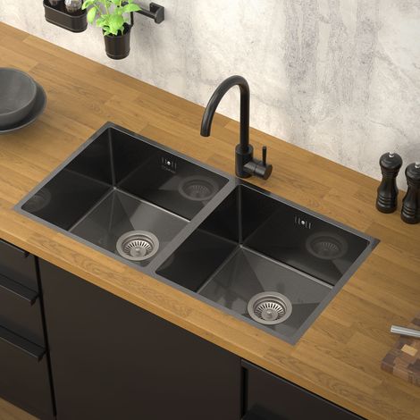 ML-Design Fregadero doble de cocina de dos cubetas y sifón 70x40cm antracita lavabo sobre encimera o enrasado lavamanos con juego desagüe y rebosadero de acero inoxidable anti-condensación (1/5)