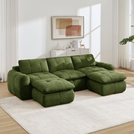 Canapé en U modulable 3 places avec pouf, canapé lounge en chenille avec assise moelleuse et modules séparables pour salon Vert, 264 x 160 x 68 cm (1/5)