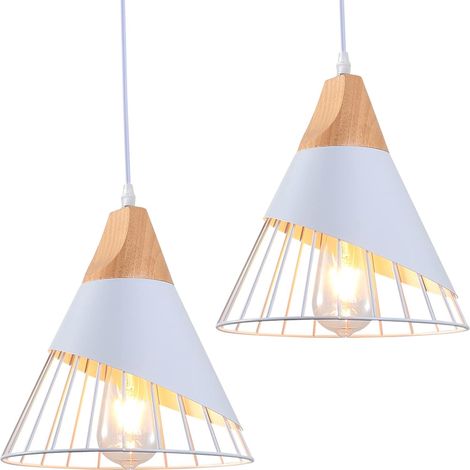 QAZQA 2x Suspension Luminaire Vintage,Bois Métal design Lampe Plafonnier Industrielle en Luminaires Suspension Abat-jour 27 Applique d'Eclairage pour salle à manger Cuisine,Blanc