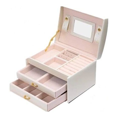 Boîte à bijoux, Organisateur à bijoux avec 2 tiroirs, Coffre à bijoux verrouillable avec miroir, Boîte de voyage portable, doublure en velours, idée cadeau, (Blanc) (1/5)