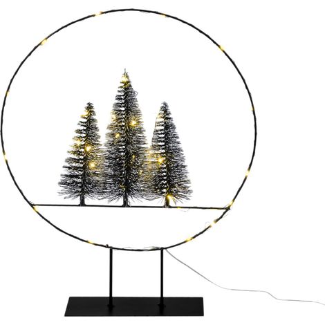LED Dekoring mit Tannen und Schnee - 35 cm - Deko Aufsteller mit 30 LED beleuchtet mit Timer - Advent Weihnachten Tisch Fenster Dekoration Batterie betrieben