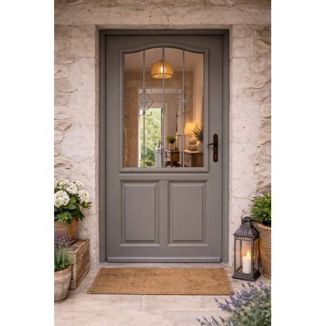 Puerta de entrada de madera con vidrio Santiago gris cuarzo, H.215xL.90 cm, lado de la tabla izquierda, manilla, cilindro, GD MENUISERIES (1/5)