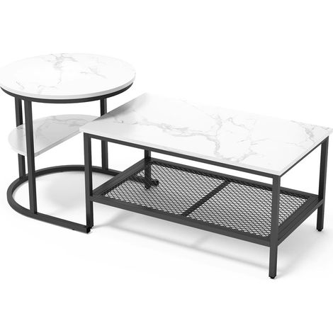 Couchtische 2er Set mit großer Ablagefläche – Sofatisch Set mit Marmor-Optik Tischplatte, stabile Metallgestelle, moderne Wohnzimmertische fürs Wohnzimmer