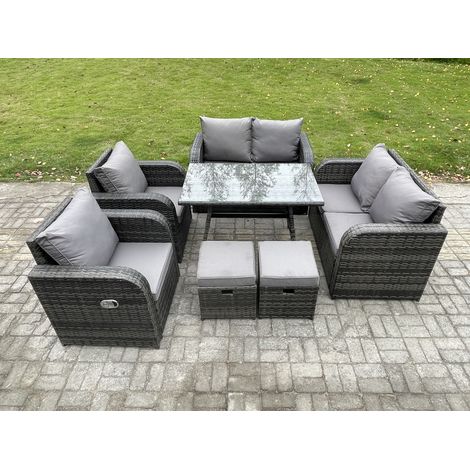 Fimous Polyrattan Garten Esstisch Set Gartenmöbel Sofa mit Rechteckiger Esstisch 2 kleinen Hockern Dunkelgrau Gemischt (1/5)